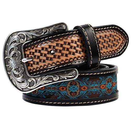 Ceinture faite à la main en cuir boucle gravée florale vintage