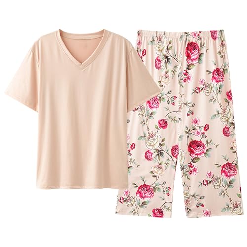 Pijama manga corta y pantalones capri de ropa de dormir grande transpirable