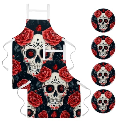 Tablier de cuisine motif crâne en sucre et roses rouges, lot de 2 élégant avec 4 broches