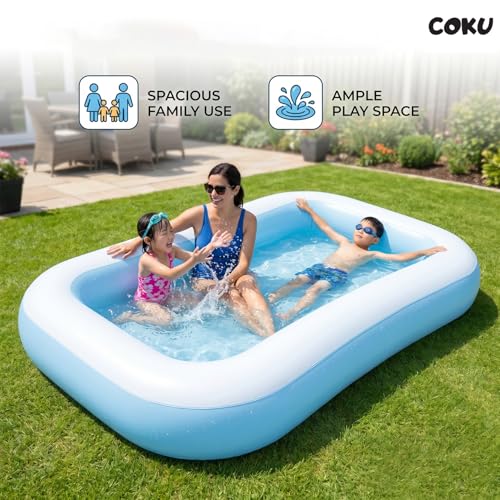 Image of Coku 5.5 Feet Rectangular Inflatable Swimming Pool for Kids & Adults | Foldable Family Bathtub, Large Rectangular Pool Thick PVC Pool for Backyard, Garden, Indoor Outdoor Summer Use (Multicolor)