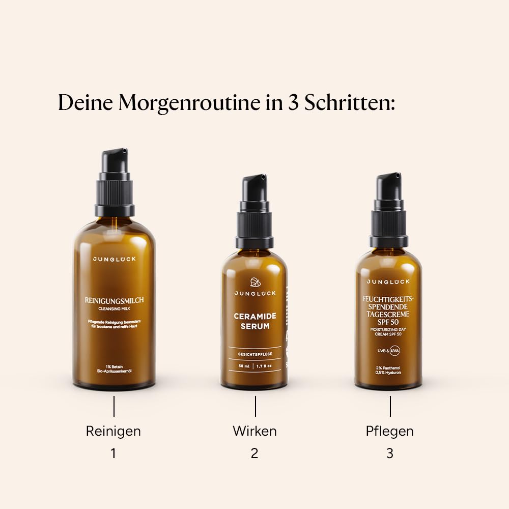 JUNGLÜCK Set Rötungen lindern SPF 50 | Reinigungsmilch + Ceramide Serum + Feuchtigkeitsspendende Tagescreme SPF 50 – beruhigt & schützt