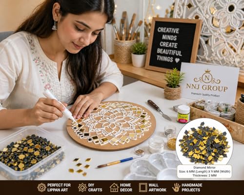 Image of NNJ GROUP Golden Colour Mirror Kit for Lippan Art and Craft Work, (Pack of 500 Pieces) with Fabric Glue (Dimond Shape)