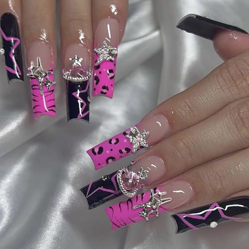 MISUD Press on Nails - Long Square Glue on Nails with Pink Black, Acrylic Y2K Charms Design 24 pcs