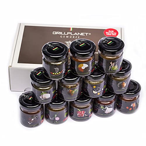 Gewürze Set Geschenk - Grill Gewürz Gewürzmischung für BBQ Fleisch Fisch Gemüse 12 Designgläser von Grillplanet Premiumqualität