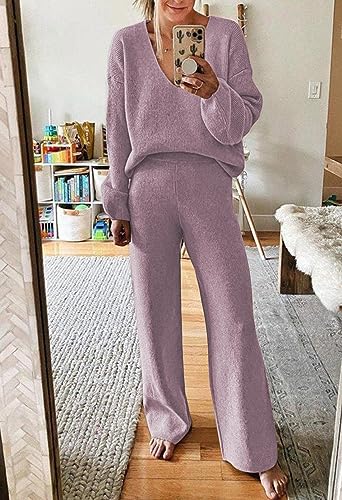 Image of Viottiset Women's 2 Piece Outfits Casual V Neck Knit Wide Leg Sweater Lounge Set Sweatsuit