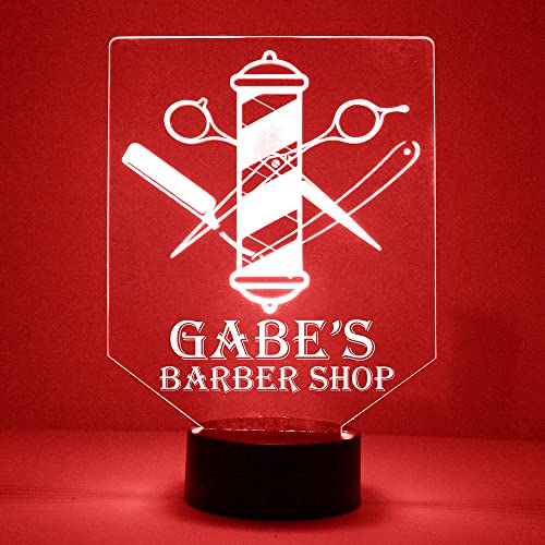 Custom Barbershop Pole and Tools LED Sign Night Light Lamp with Remote, Light Up Display with Personalized Name or Image, Customized, Made in The USA, Clear Acrylic Home Decor, 16 Colors, 4 Modes