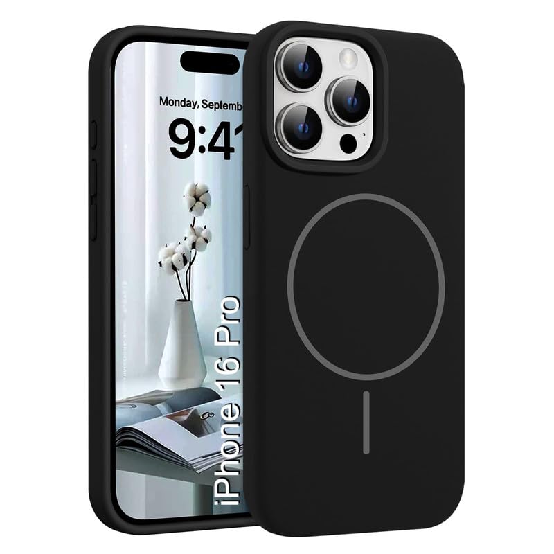 Image of LuxuryKase Silicone Magnetic Case for iPhone 16 Pro | Soft Microfiber Lining | MagSafe Support | Shockproof Protective Cover | Precise Cutouts | Slim Fit Design - Black