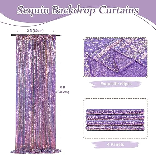 Image of Sequin Backdrop Mermaid Purple 4 Pieces 2FTx8FT Shimmer Birthday Baby Shower Cake Table Decoration Backdrop Fabric