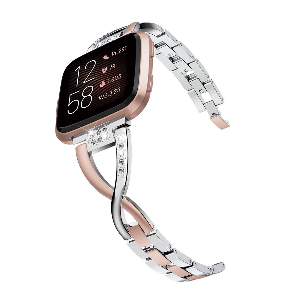 Wearlizer Metal Rhinestone Strap for Fitbit Versa 2 / Lite, No Tool Needed (Silver & Copper Rose)