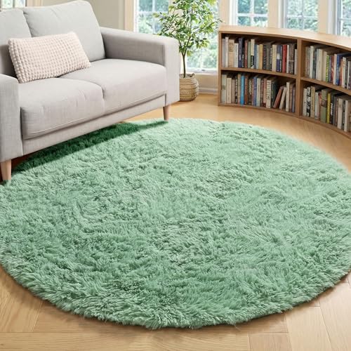 Image of ONASAR Sage Green Round Area Rug 4ft, Fluffy Soft Bedroom Circle Rugs for Kids Girls Boys Teen Dorm Room, Cute Furry Plush Shaggy Carpet for Nursery Living Room Playroom Christmas Home Decor