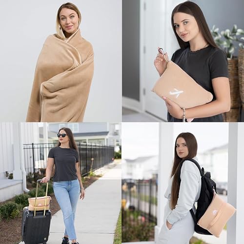 Image of BlueHills 2-Pack Mini Premium Soft Plush Travel Blanket Pillow Airplane Essentials for Two in bag Flight Traveling Warm Portable Plane Blankets Compact Cozy Traveler Backpack Blankets Warm Beige - M26