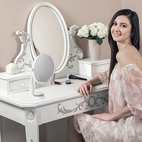 Image of Azelf Wall Mounted Folding Round Makeup Mirror | 360 Rotating Beauty Mirror with Adjustable Arm | Hole-Free Suction Cup Installation | 17.5cm Diameter | Dressing Mirror for Bathroom Vanity