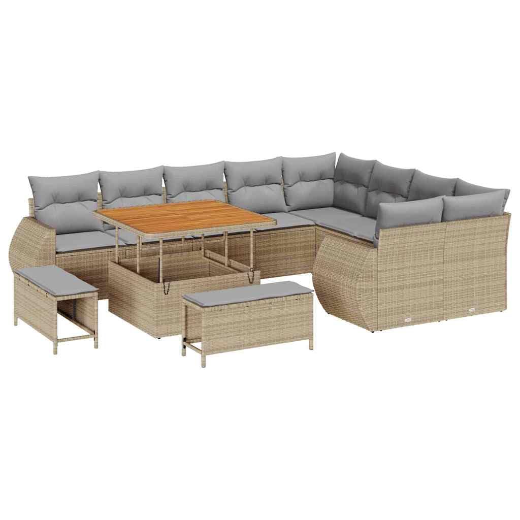 Zestaw Sof Ogrodowych Rattan 12 Elementów Beżowy Jasnoszary Modułowe Meble Tarasowe Narożnik z Poduszkami 298 cm Stół Ogrodowy