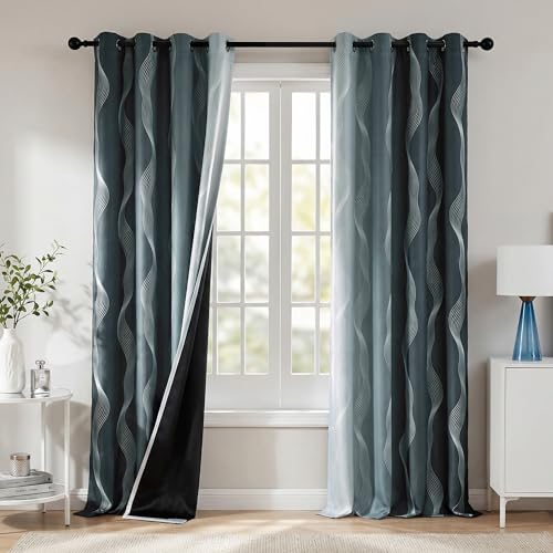 Image of MYSKY HOME 95% Blackout Grey and Greyish White Ombre Curtains 96 inch Long 2 Panels Set for Living /Dining Room Thermal Insulated Black Out Wave Line Foil Pattern Grommet Drapes, 52 inch W Each Panel