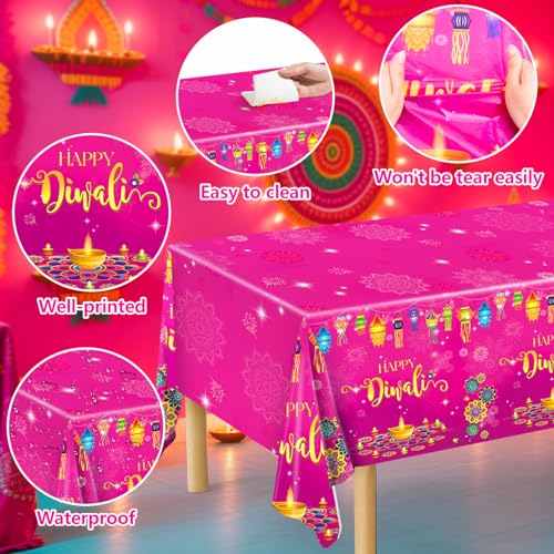 Image of Miucat 3Pcs Diwali Decorations Tablecloth, Waterproof Plastic Table Cover Diwali Table Cloth for Indian Diwali Light Celebration Party Supplies Decorations, 54x108 Inch