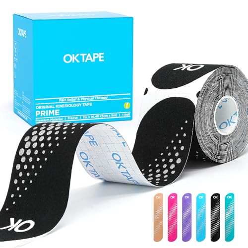 Image of OK TAPE Synthetic Kinesiology Tape Precut Strips, Waterproof Kinesiology Athletic Tape for Joint & Muscle Support, Reflective and Durable Tape, 2inx16.4ft Roll 20PCS, Black