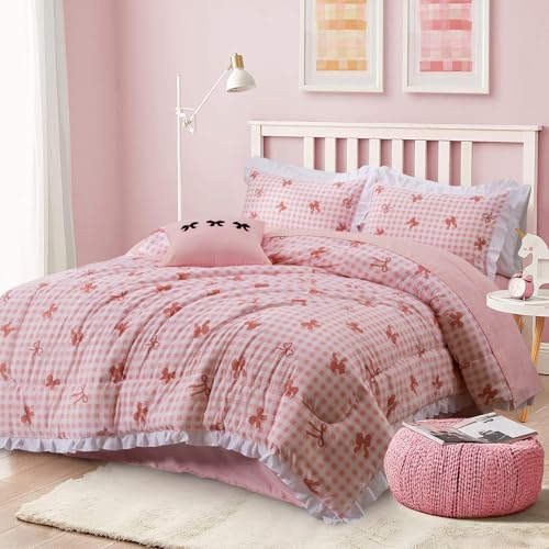 Image of A Nice Night Bow Comforter Set,6 Piece Bed in a Bag with Comforter & Sheet Set,Chic Grid Bowknot Bedding Sets,Princess Themed Bed Sets for Kids Girls,Twin
