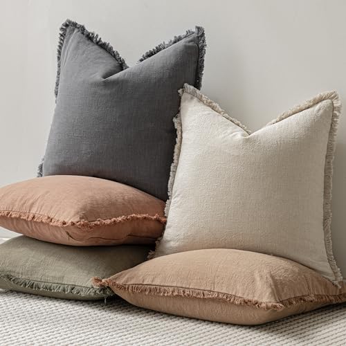 Image of Foindtower Set of 2 Decorative Linen Fringe Throw Pillow Covers Cozy Boho Farmhouse Cushion Cover with Tassels Soft Accent Pillowcase for Couch Sofa Bed Living Room Home Decor, 22x22 Inch, Gray