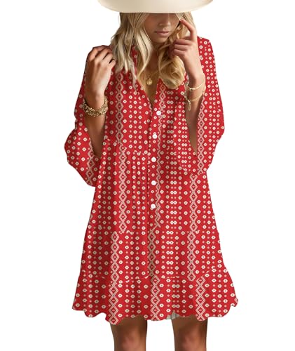 Image of Summer Dresses for Women 2026 Flowy Ruffle 3 /4 Sleeve V Neck Tiered Casual Babydoll Boho Beach Mini Dress