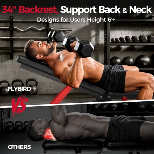 Image of FLYBIRD WB7 Weight Bench, 1300LBS Commercial Adjustable Weight Bench, Workout Bench for Home Gym, Flat Incline Bench Press Heavy Duty Bench with 34'' Extra-Long Backrest and Easy-Roll Wheels
