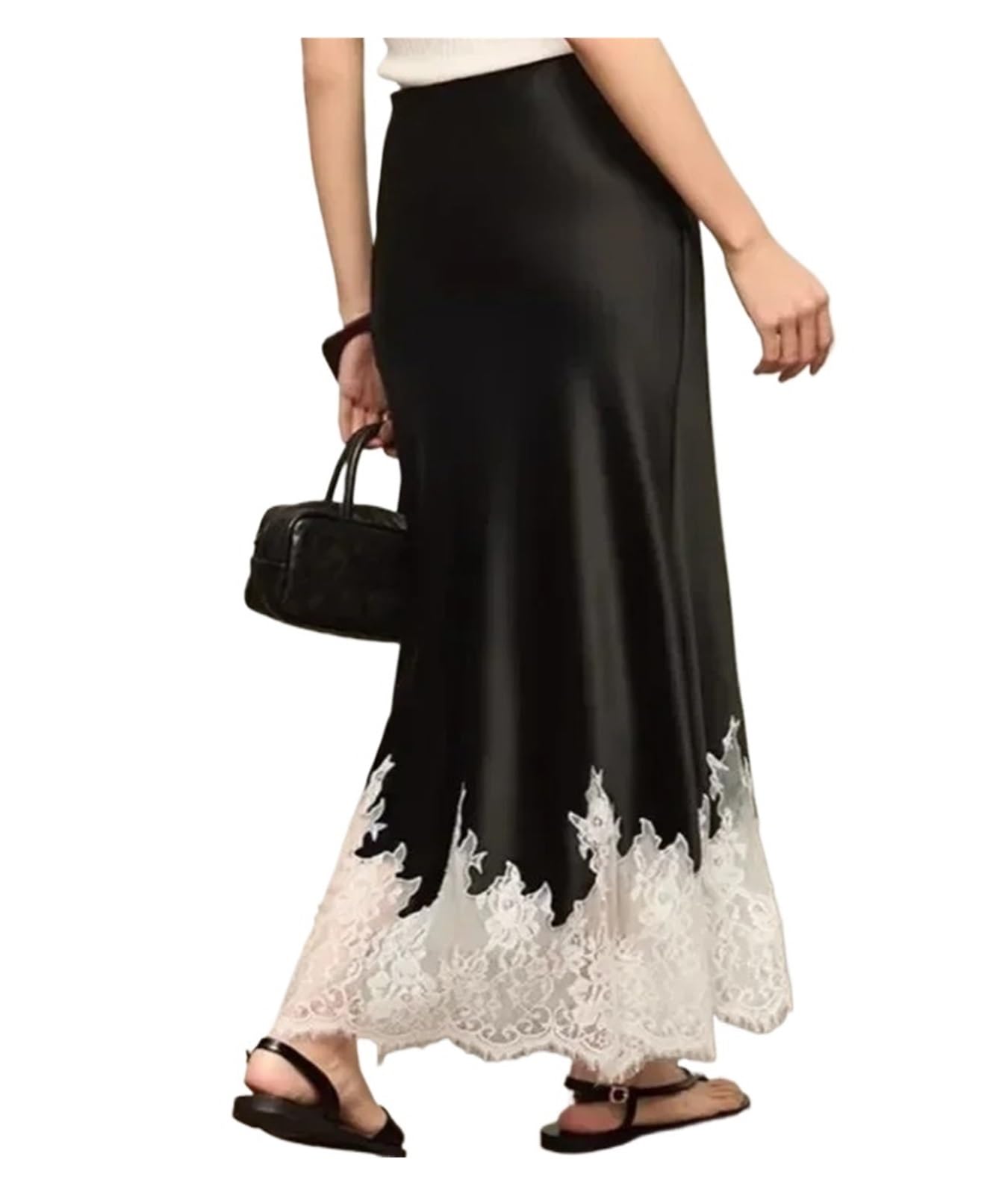 Gonna Satin Gonna Lunga Elegante in Raso for Donna, Gonna Lunga con Orlo in Pizzo Patchwork, Gonna da Donna di Temperamento