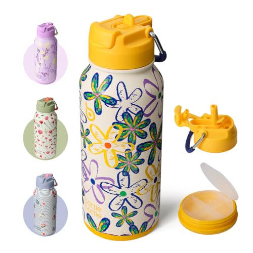 BOTTLE BOTTLE Botella de acero inoxidable de 1 litro con pajita, termo a prueba de fugas, para deporte y gimnasio, con compartimento para pastillas, sin BPA, doble pared (Nature Nook)