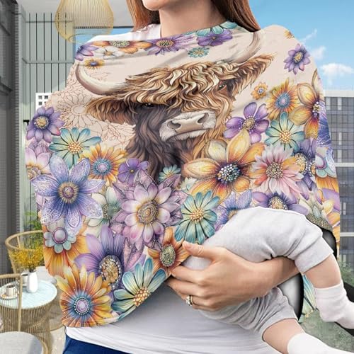 Image of Highland Cow Carseat Cover for Babies, Dahlia Floral Breathable Infant Carseat Cover for Baby Girl Carrier Cover, Shopping Cart Cover for Baby