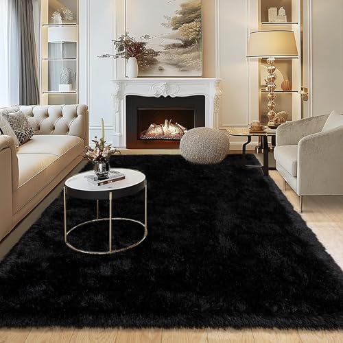 KING DARE Area Rug for Bedroom Black Rugs, 5x7 Fluffy Soft Shaggy Plush Fuzzy Furry Floor Carpet Washable Non-Slip Modern Rugs for Living Room Dorm Girls Boys Room Aesthetic Decor