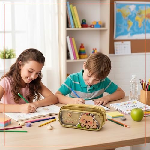 Image of Alokik Enterprise Cute Cartoon Pencil Pouch with Double Zipper & Transparent Window, Large Capacity Fabric Pen Case for School, Office, Students, Kids & Teens (Daily Life Khakhi Pouch)