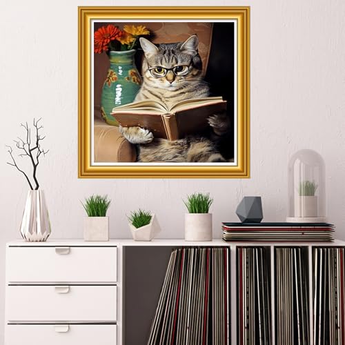 Image of Dooxvey Counted Cross Stitch Kits for Adults 11CT Printed Cross-Stitch Patterns Cross Stitching Embroidery Kit Stamped or Counted Needlepoint Kits-The cat Reading on the Sofa 18x18 inch