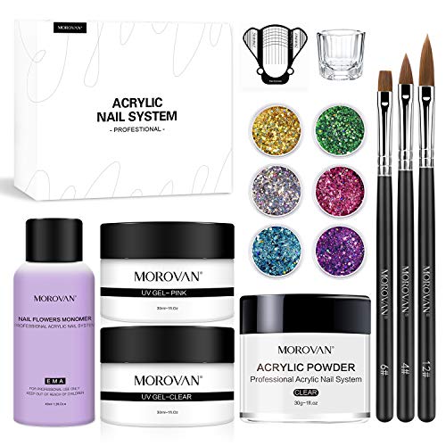 Morovan Acrylic Nail Kit Acrylic Powder & Liquid Set UV Gel Clear & Pink Builder Gel & 6 Colors Fine Glitter Acrylic Nail Brush Nail Art Starter Kit