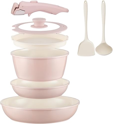 Juego de utensilios de cocina de cerámica antiadherentes, 8 piezas, juego de ollas y sartenes, mango desmontable, juego de cocina de inducción con