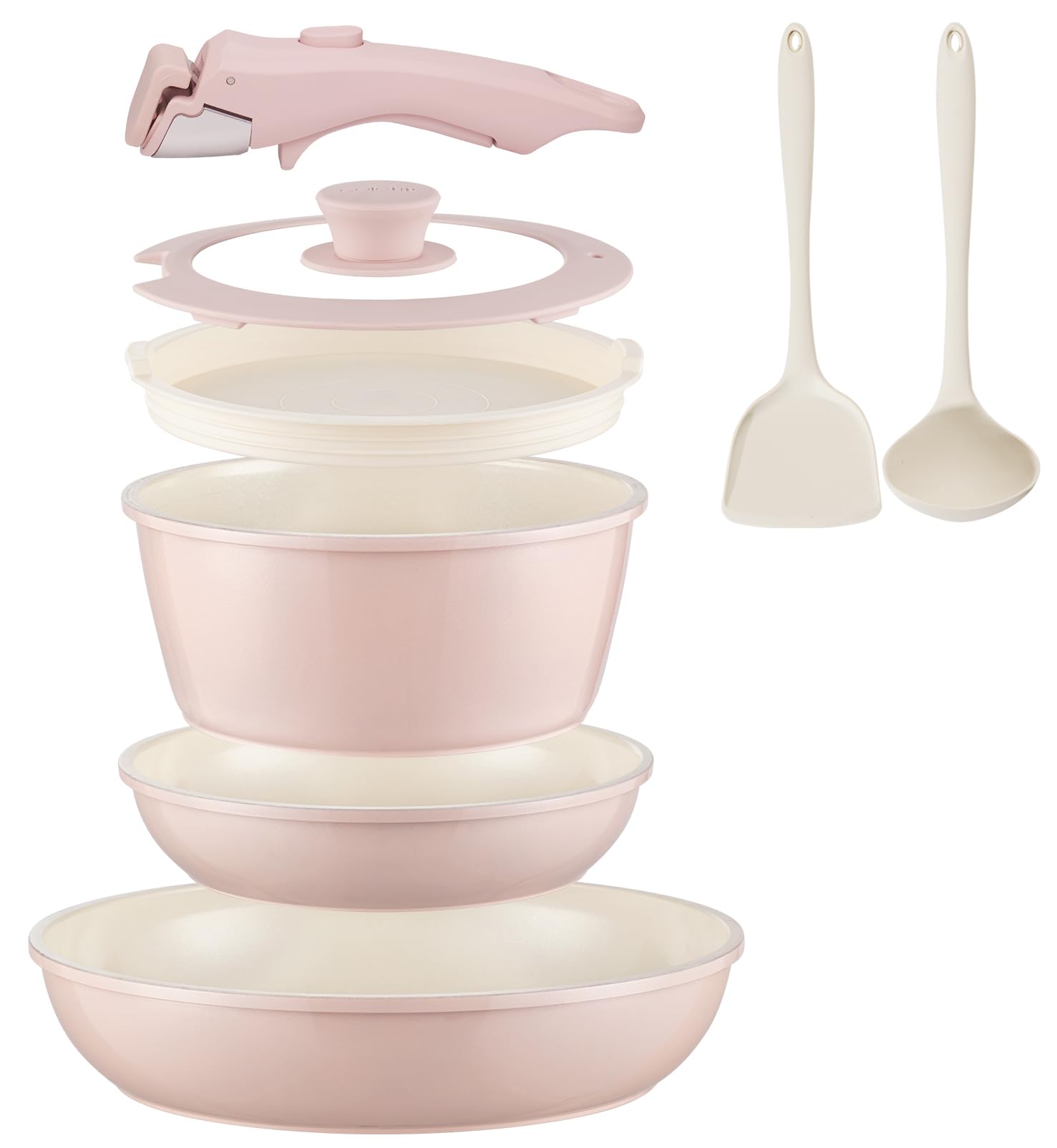 COICUR Keramik Topfsets Pfannenset mit Abnehmbaren Griff Induktion 8-Teilig, Platzsparendes Kochgeschirr Bratpfannen Backofen- & Spülmaschinenfest, PFAS/PFOA-frei, Rosa