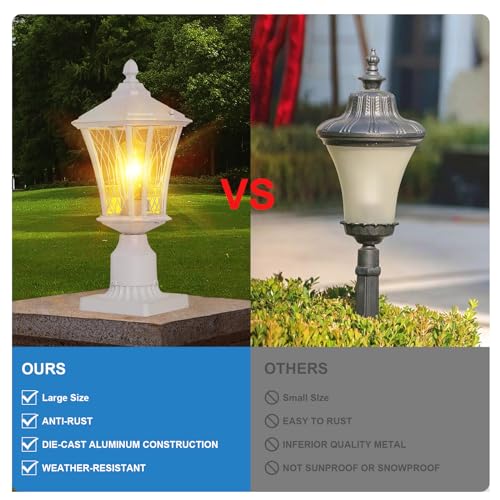 Outdoor Post Light for Pathway Courtyard Lawn Road, Pier Mount Outdoor Lighting, Waterproof White Pole Lamp Light Pillar Lantern with 3" Pier Mount Base, Aluminum Fence Frame, Glass Shade