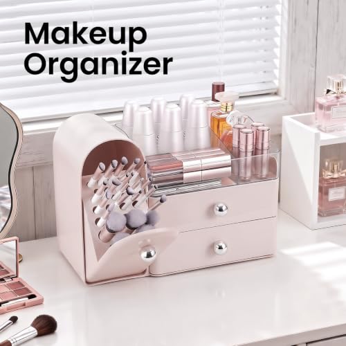 Image of Makeup Organizer Countertop with Makeup Brush Holder,Pink