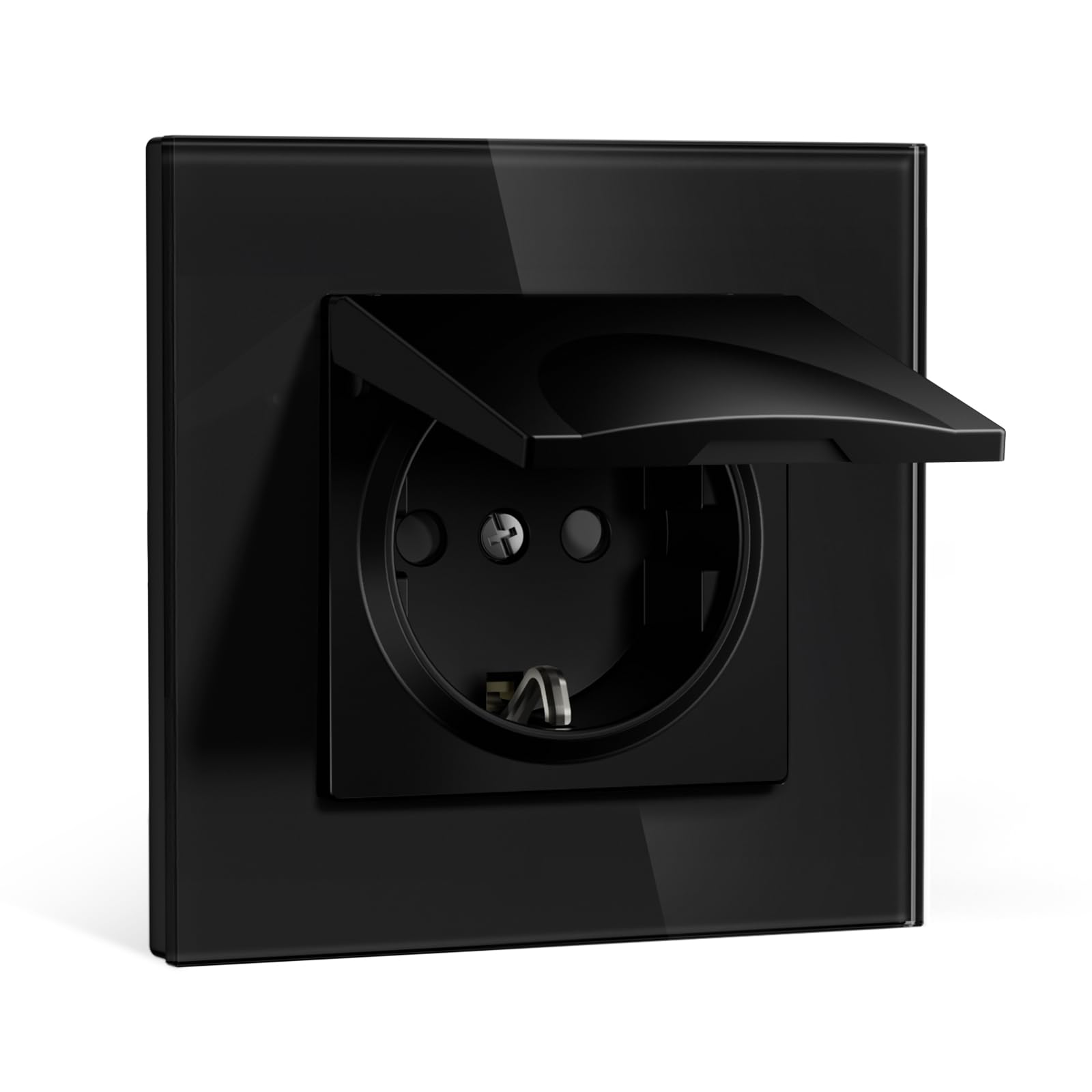 BSEEDLIFE Schuko Steckdose mit Wasserdichter Abdeckung, Unterputz 86 * 86mm, 16A EU-Steckdose mit Glasrahmen, Spritzwassergeschützt für Bad/Küche, Einfache Installation (Klappkrallen), 1-Fach Schwarz