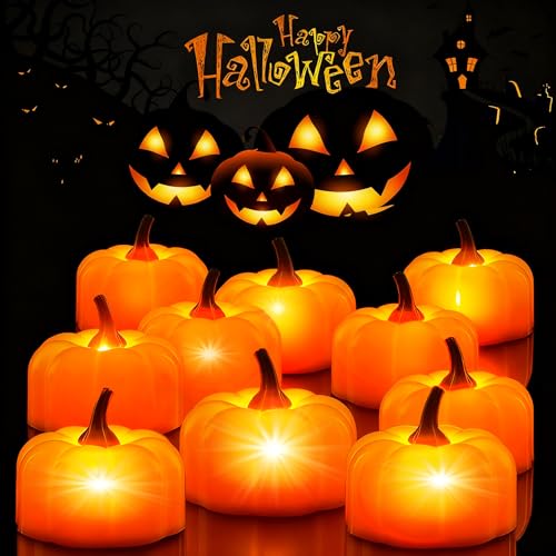 Pomefar Halloween Decorations 12Pcs Halloween Pumpkin Tea Lights Halloween Candles Battery Operated Tealight Flameless Candles Pumpkin Tealights