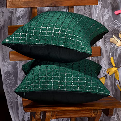 Image of Forest Green Cushion Covers 20x20 inches Set of 2, Embroidered Pillow Covers, Designer Pillowcases, Sofa Cushion Cover