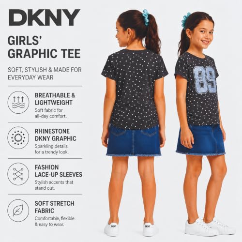 Image of DKNY Girls Tshirt Cotton Blend Short Sleeve Crewneck Graphic Fashion Tee