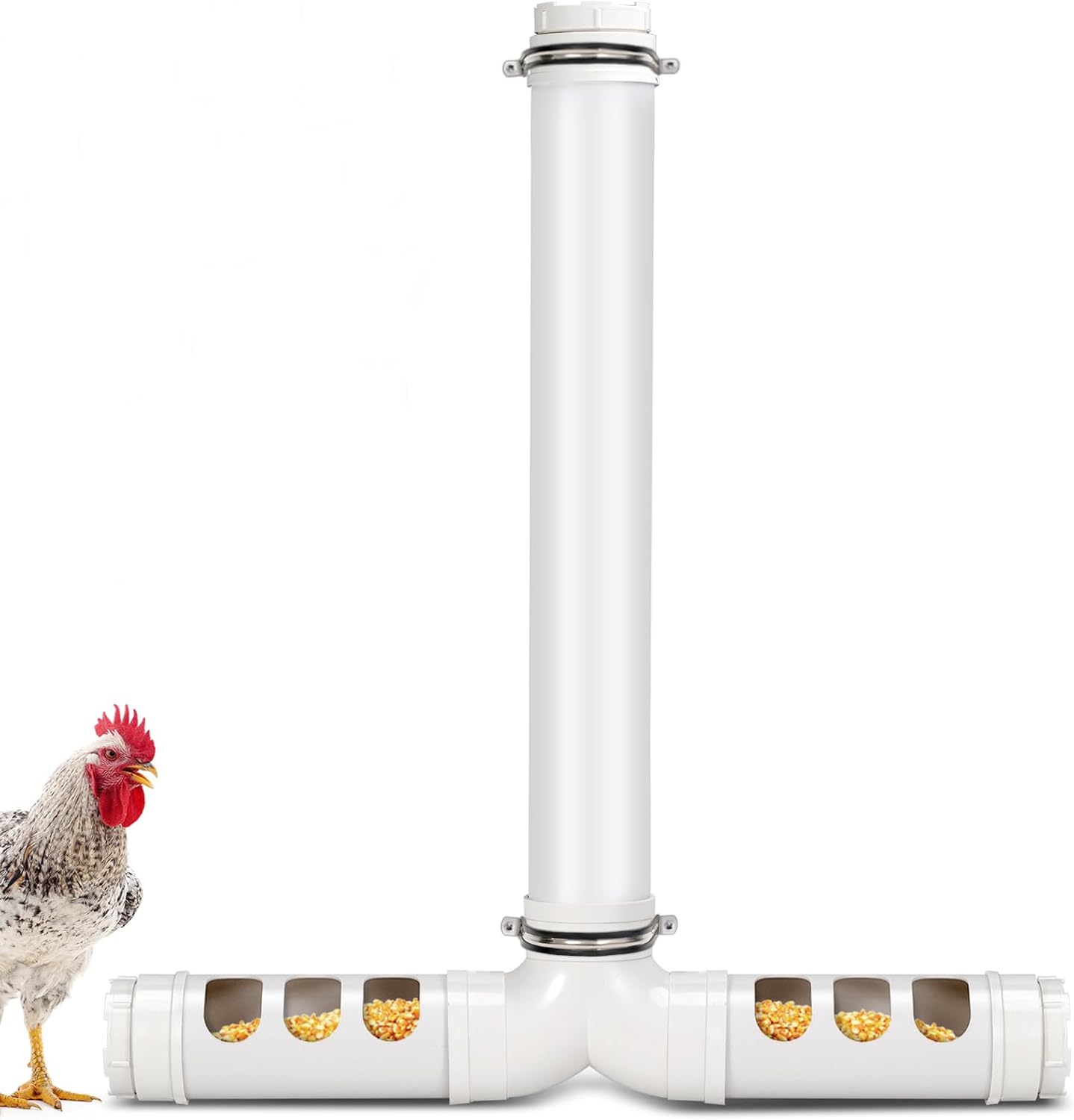 Automatic Chicken Feeder No Waste 13lbs Duty PVC Gravity Poultry Chicken Coop Feeder 6 Feeding Port Poultry Feeding Trough for Ducks Turkeys Geese Quails Pigeon