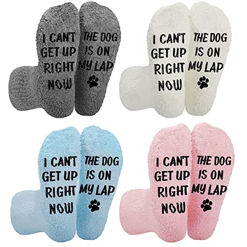 Coume 4 Pair Dogs Cat Horse Goat Lovers Gifts Fuzzy Christmas Socks Gift for I Can't Get up Right Now The Cat Is on My Lap(Dog Style)