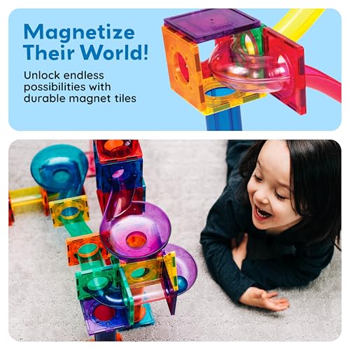 image for PicassoTiles 70pc Marble Run Magnetic Tiles STEM Set for Kids Ages 3 a