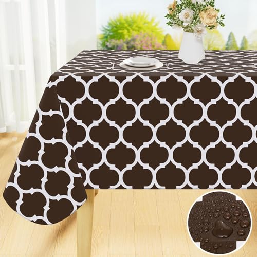 Image of Smiry Rectangle Table Cloth Cover, Waterproof Vinyl Tablecloth with Flannel Backing for Rectangle Tables, Wipeable Spillproof Plastic Tablecloths for Dining, Camping, Indoor, Outdoor 60 inchx84 inch, Coffee