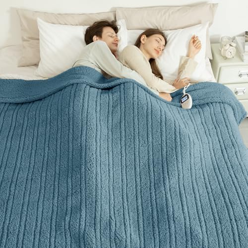 Electric Blanket Queen Size Single Control - Soft Double Sided Sherpa Heated Blanket with 6 Fast Heating Levels & 10 hrs Timer Settings, Washable & Overheat Protection for Bed, Blue