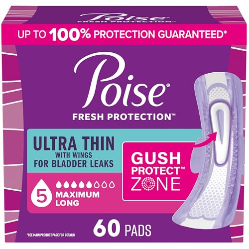 Image of Poise Ultra Thin Incontinence & Postpartum Pads with Wings for Bladder Leaks, 5 Drop Maximum Absorbency, Long Length, 60 Count (Packaging May Vary)