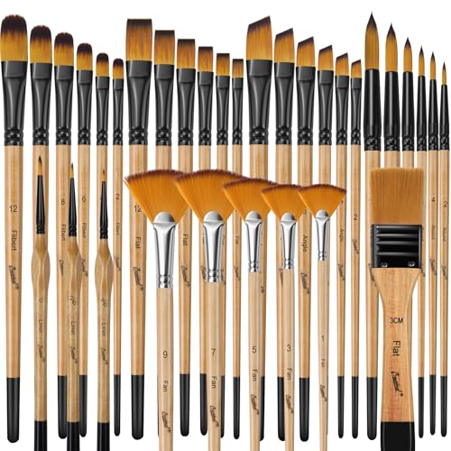 Bougimal 33 Pcs Paint Brush Set, Artist Paint Brushes for Acrylic Painting, Oil, Watercolor, Gouache, with Flat Round Filbert Fan Angle Detail Brush, Suitable for Artists and Beginners