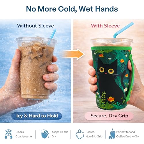 Image of KJQJLY 3 Pack Reusable Iced Coffee Sleeves for Iced Coffee Cups or Drinks Reusable Neoprene Insulated Sleeves for Hot and Cold Drinks from Starbucks, Dunkin, And More (Black Cat)
