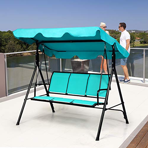 Image of TANGKULA 3 Person Patio Swing, Steel Frame with Polyester Angle Adjustable Canopy, All Weather Resistant Swing Bench, Suitable for Patio, Garden, Poolside, Balcony (Turquoise)