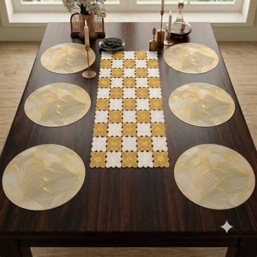 Image of Dakshya Industries Dining Table Mats Round PVC Set | 6 Waterproof Placemats (38 x 38 cm) + 1 Table Runner (91 x 33 cm) | Heat Resistant, Kitchen Decor (Zenvora)
