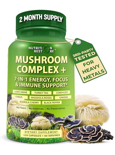 Organic Mushroom Complex: Lions Mane Turkey Tail Cordyceps Chaga Contains Naturally Occurring Beta Glucans - Organic Energy & Immune Support Blend: Rhodiola Rosea Ginseng & Acerola Cherry 120Ct